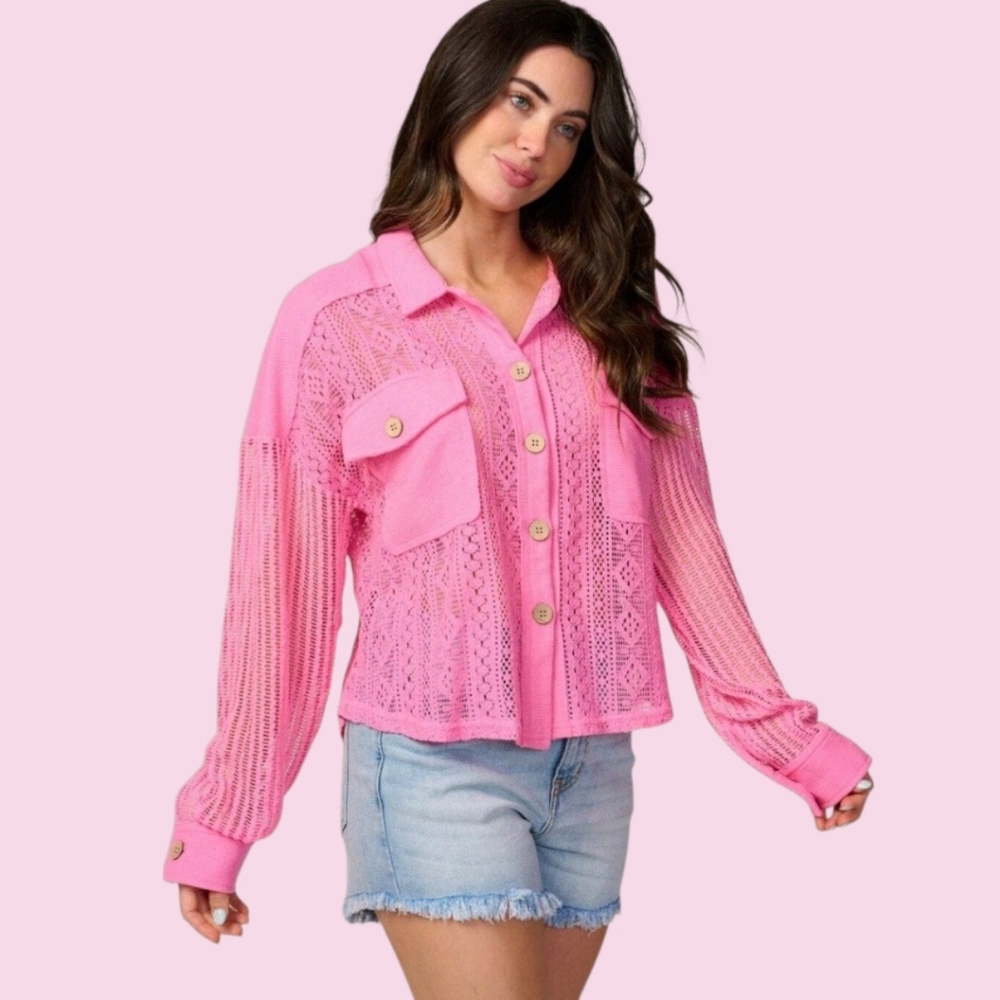 New In- Vibrant Lace Button-Up Shirt/Shacket Oversize SemiSheer LRG NWT MSRP $52